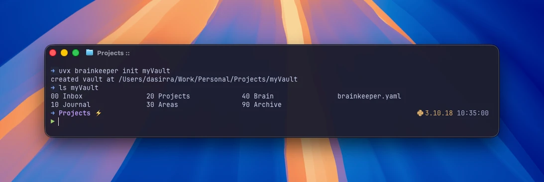 Terminal output: brainkeeper init creates the vault with six layer folders and a brainkeeper.yaml