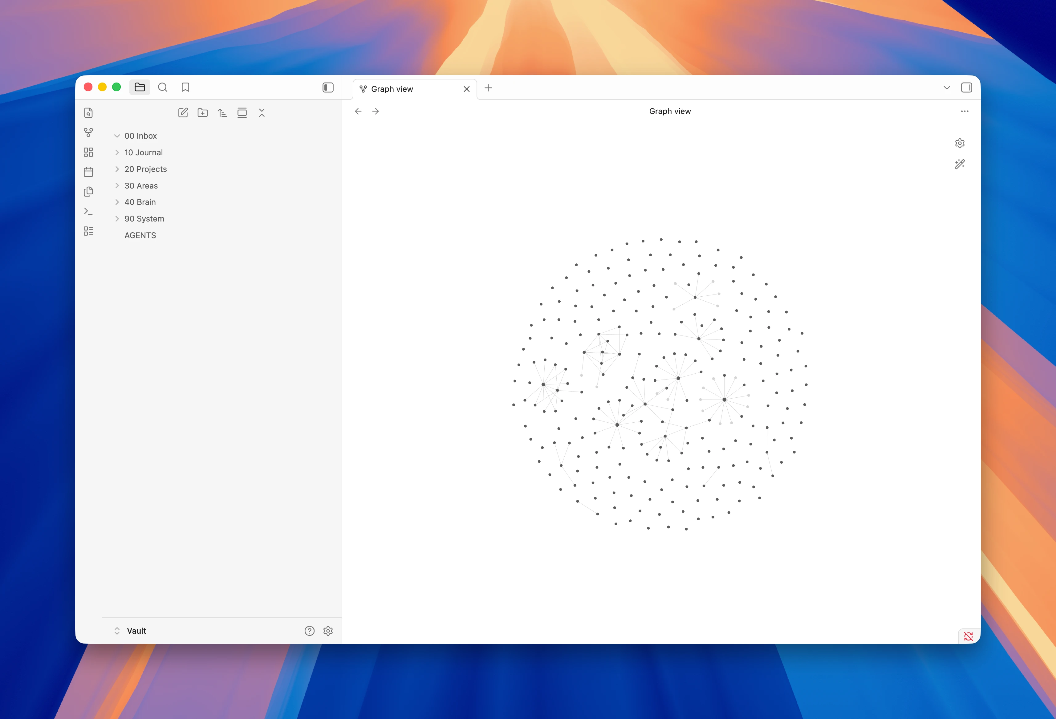 Obsidian vault showing numbered folder structure and graph view