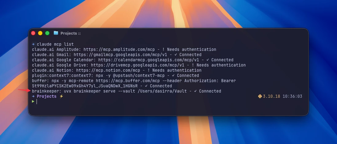 claude mcp list output showing brainkeeper registered and connected