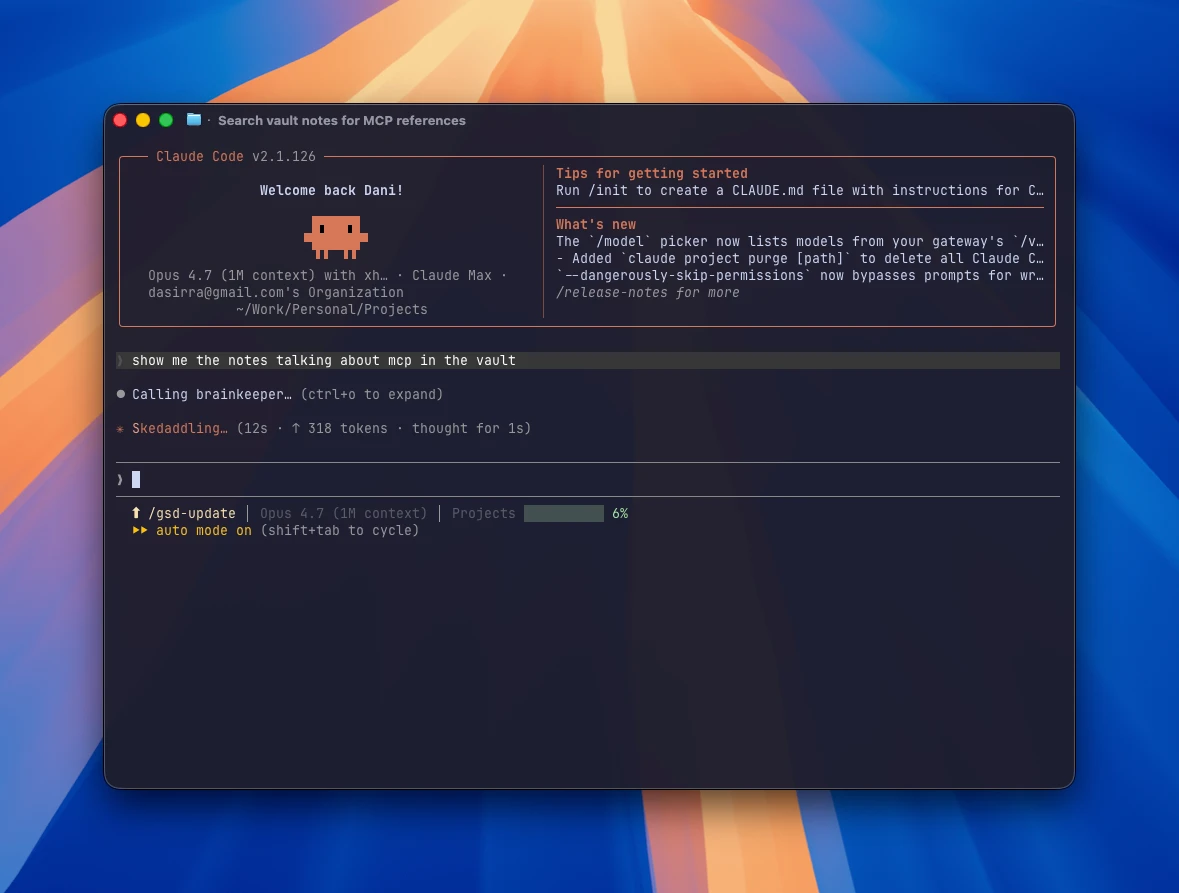 Claude Code recognizing the request and calling the brainkeeper MCP