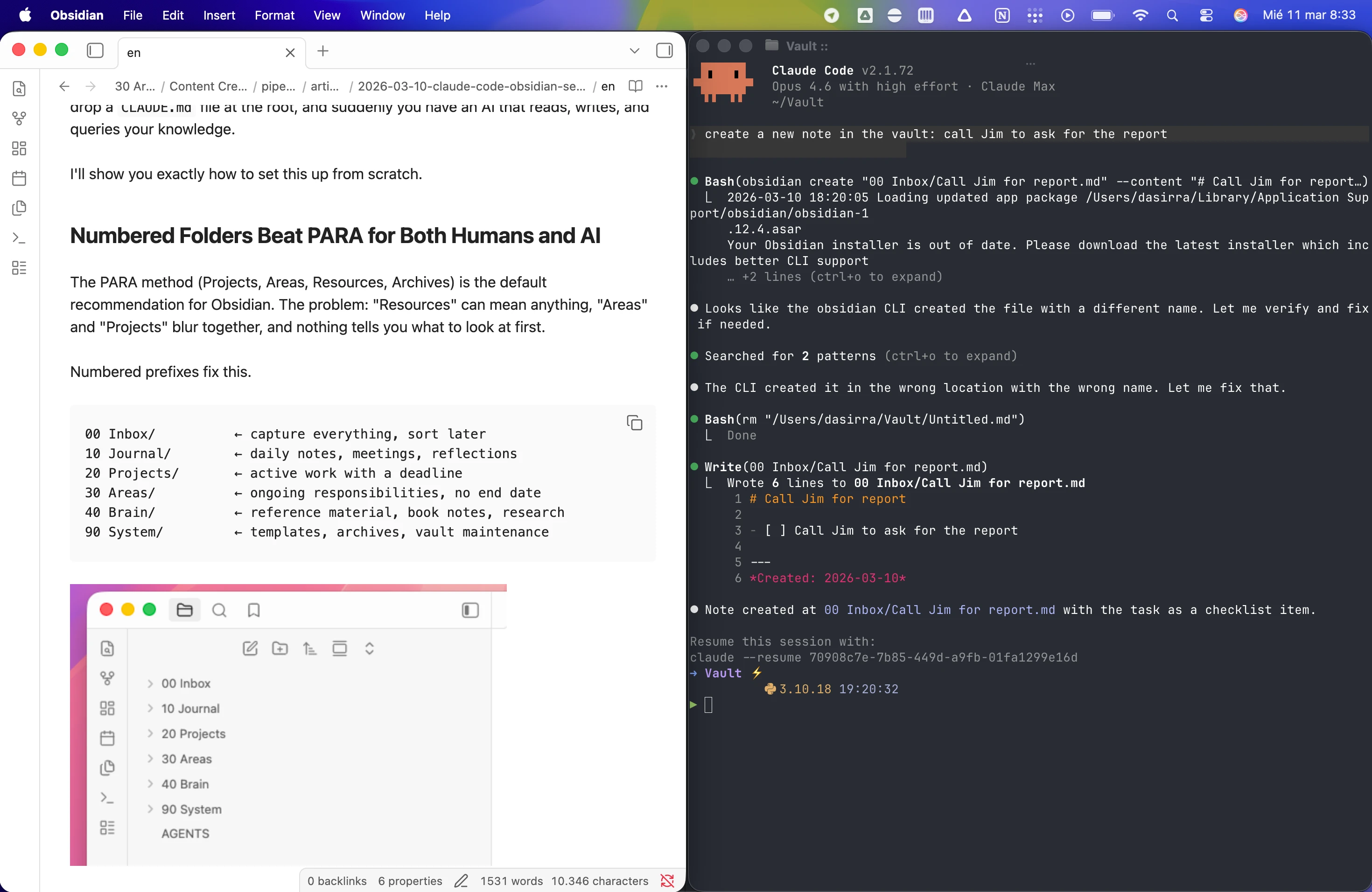 Obsidian and Claude Code side by side
